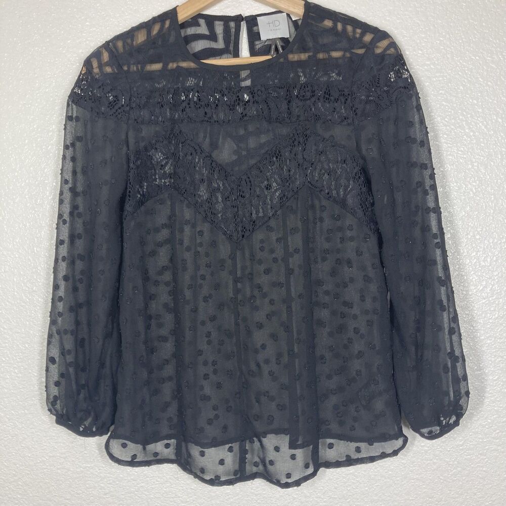 HD in Paris Sheer Top Womens 0 Black Lace Swiss Dot Long Sleeve Boho Blouse